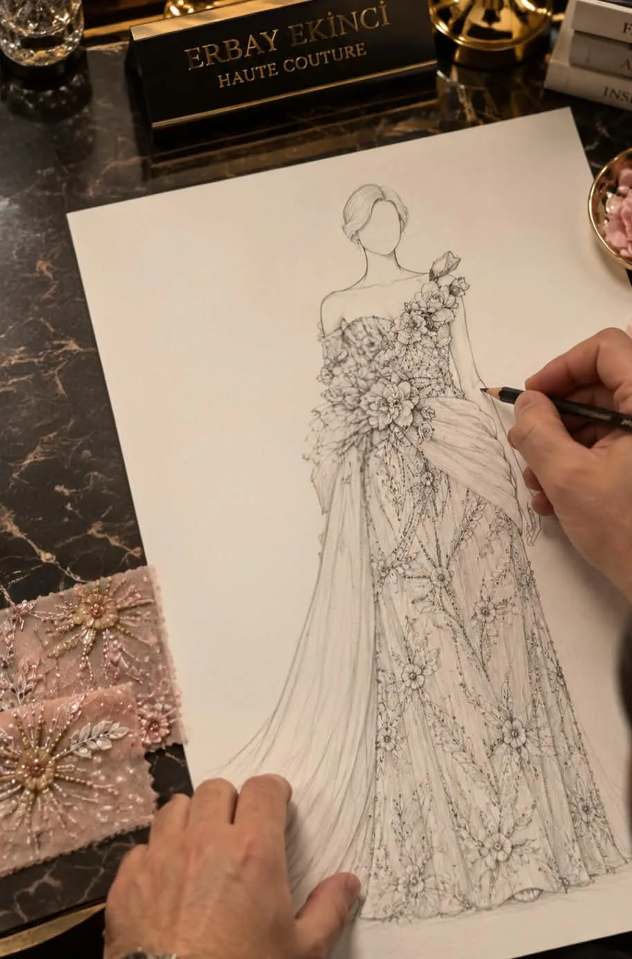 Erbay Ekinci Haute Couture tabelası, el çizimi couture eskizi ve kumaş işçiliği