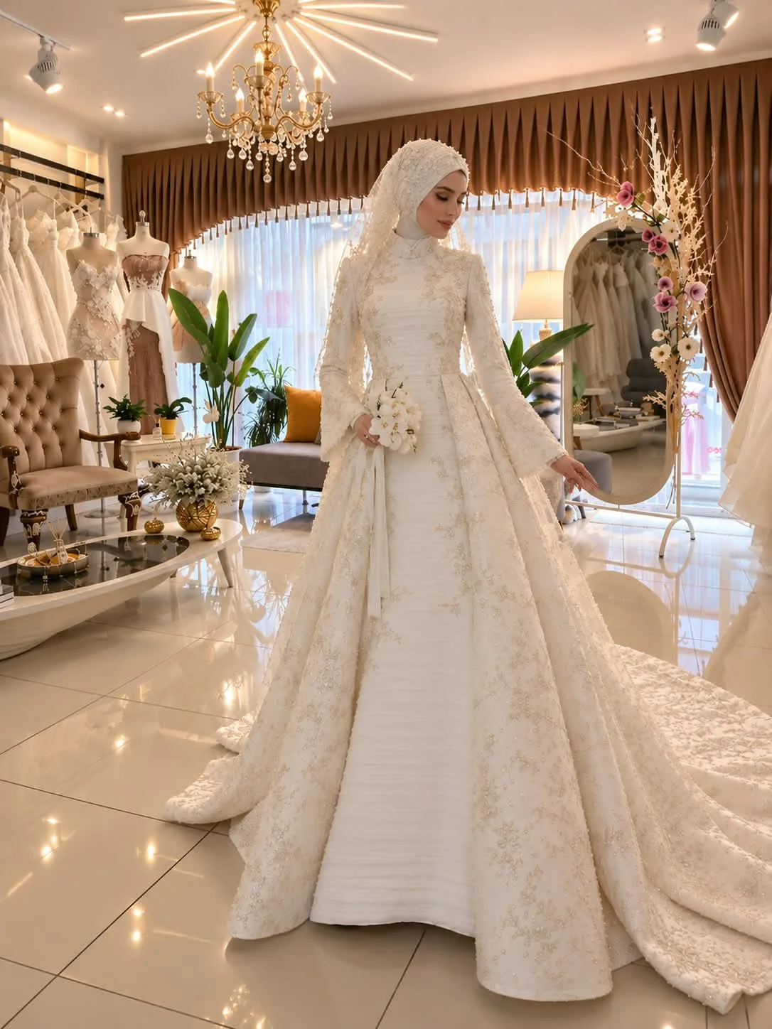 Erbay Ekinci showroomunda tesettür gelinlik