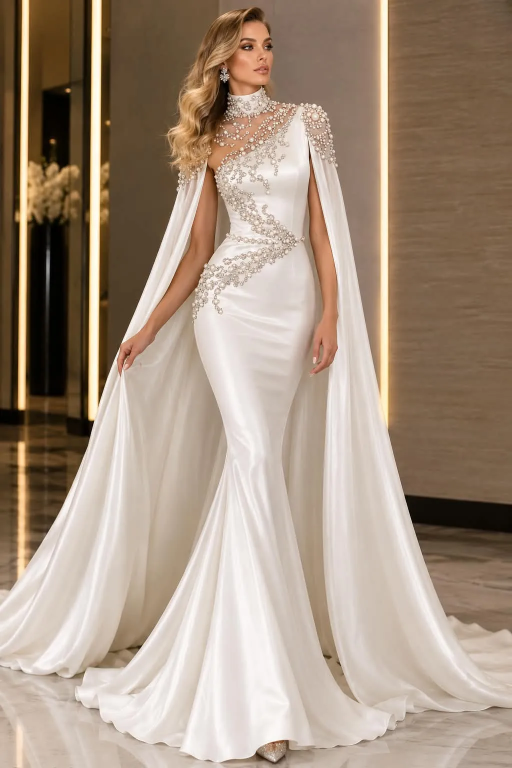 Pelerinli ve taş işlemeli beyaz Erbay Ekinci couture elbisesi