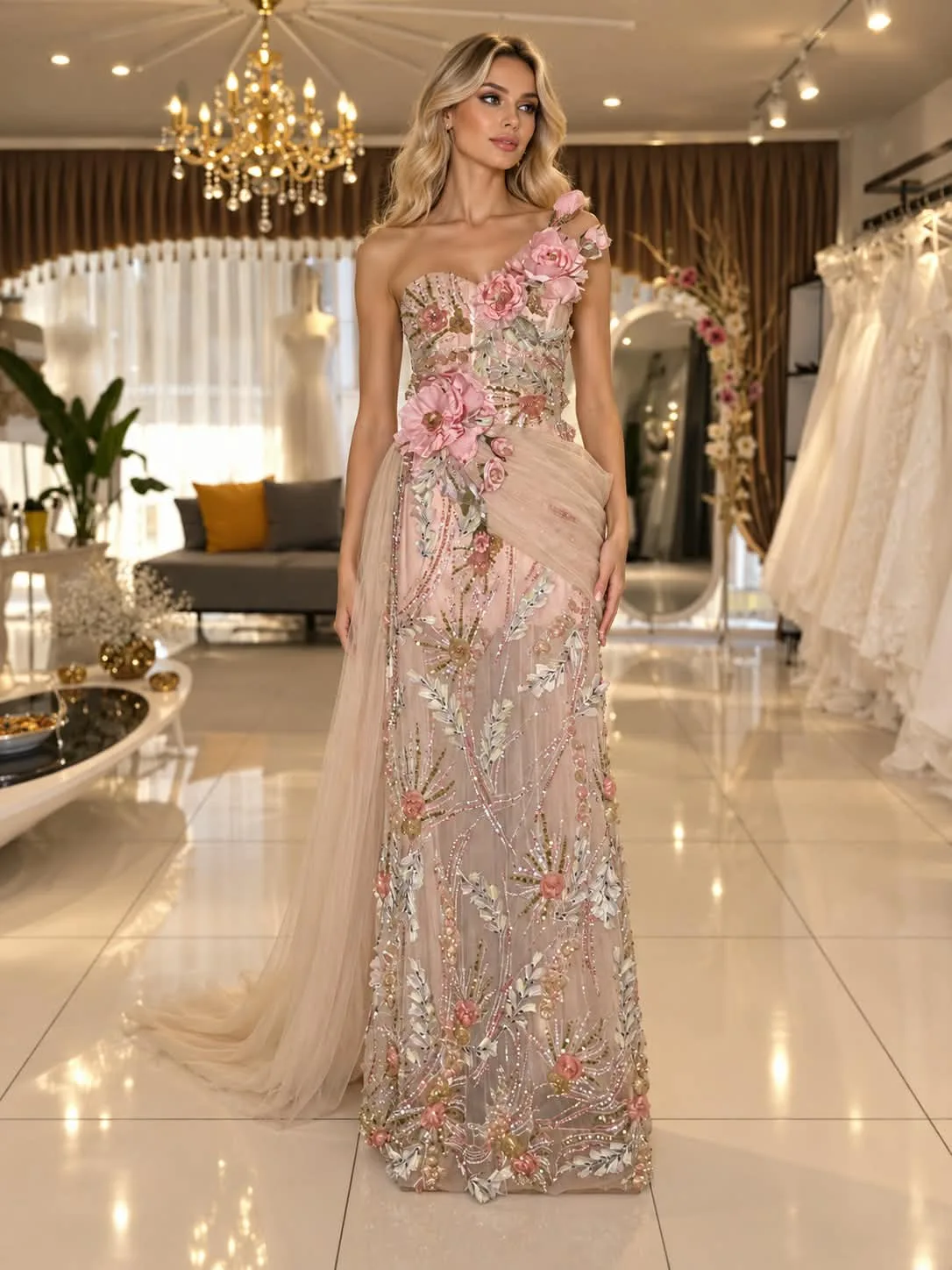 Pembe çiçek işlemeli Erbay Ekinci couture elbisesi